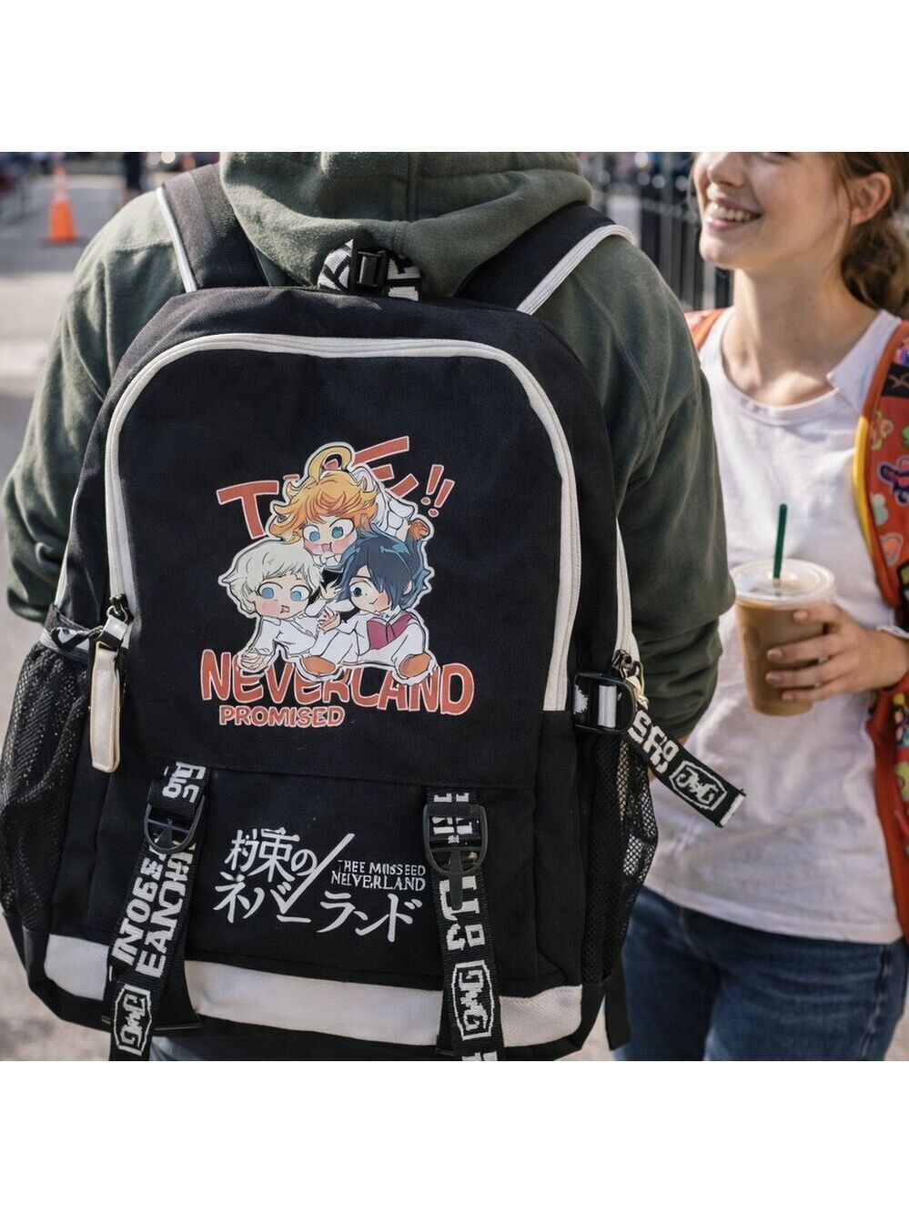 🎒 The Promised Neverland Anime Backpack – Black Graphic | Very Good Condition